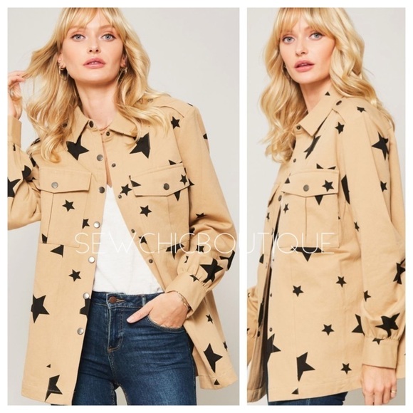 Star Print Pocket Shacket in Khaki - Picture 1 of 7